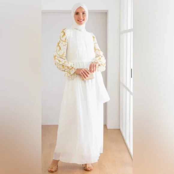 white and gold modest dress Modest Gold Long Sleeve Gown Wedding Dresses 67024 High Neck – Viniodress main image 1